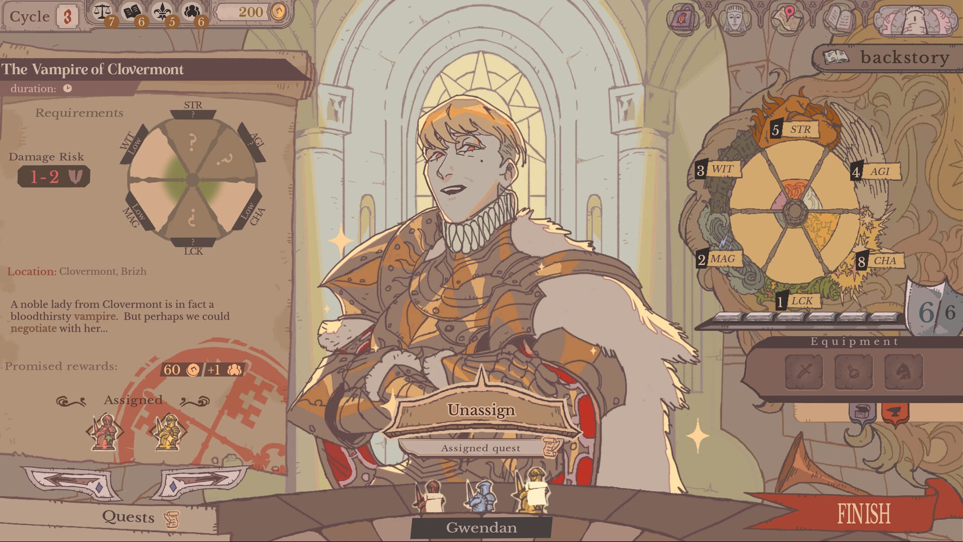 A golden-haired knight called Gwendan, surrounded by UI elements related to their skills and quests.