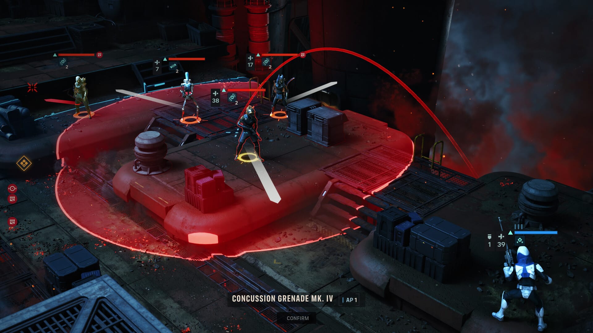 The projected arc of a grenade and the damage area of effect upon some paused men and droids.