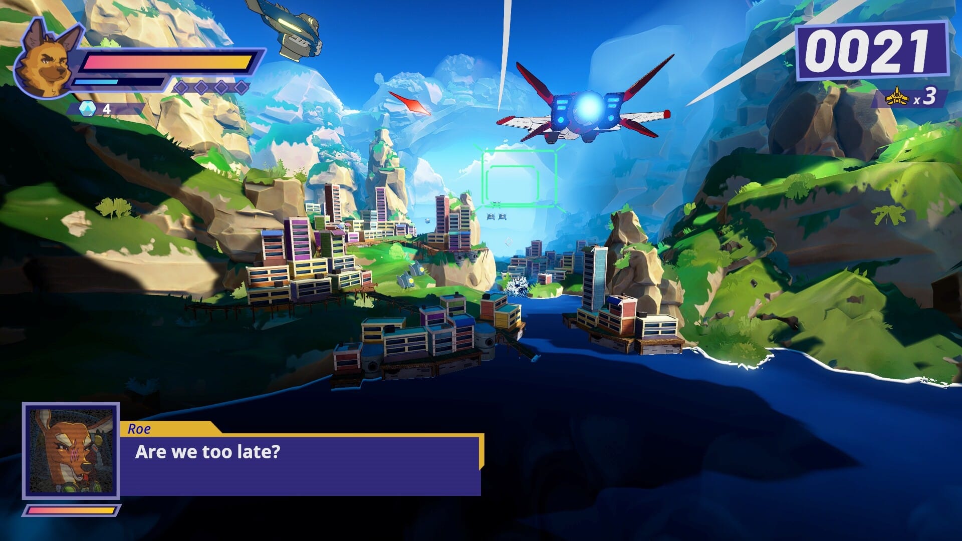 A small single-fighter craft zooms along a valley, through which a river runs, with a city built into the green hills on either side.