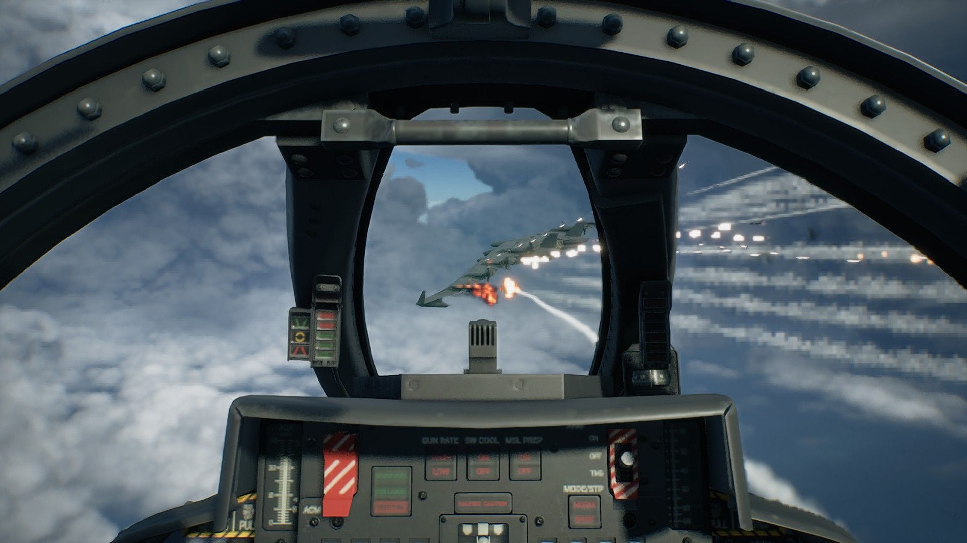 The player fires missiles from a cockpit view, hitting a large airship.