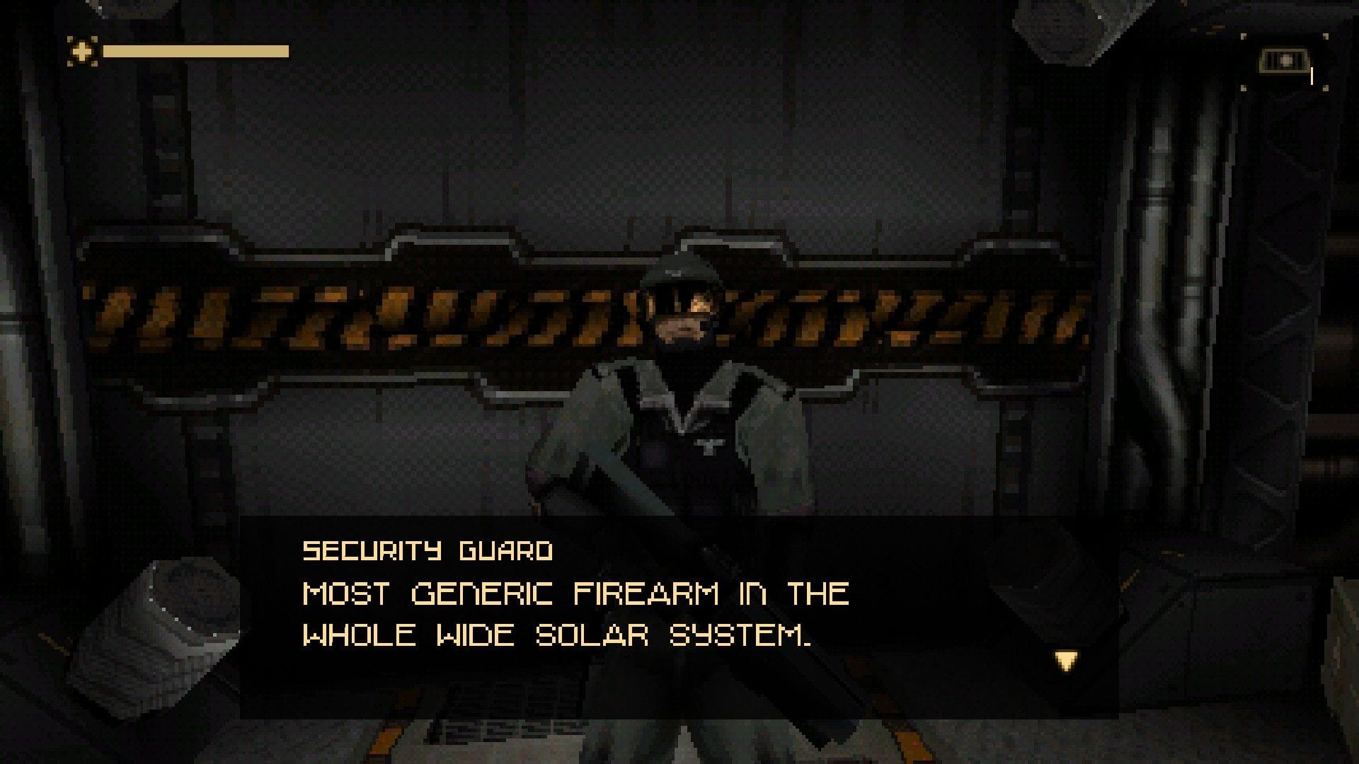 A security guard tells the player about his gun - the "most generic firearm" in the solar system.
