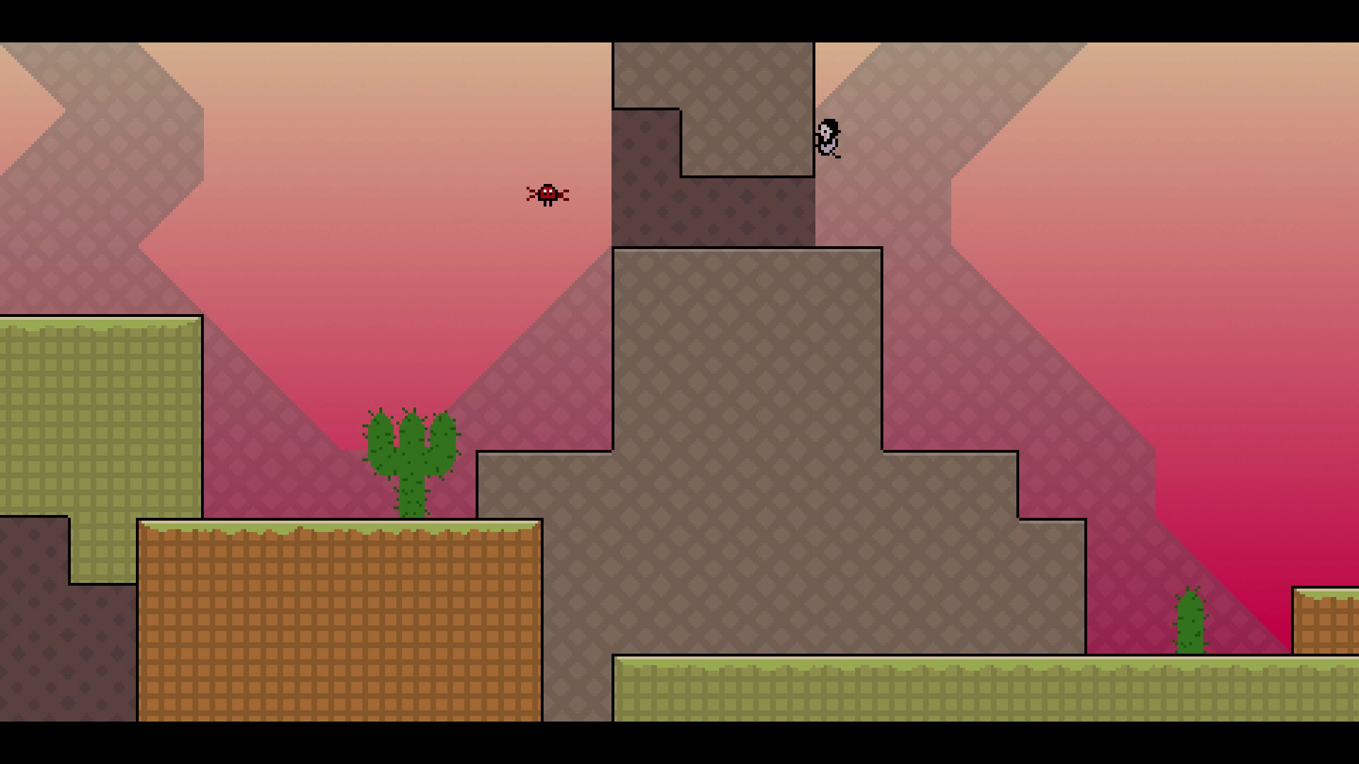 Knytt clings to a wall while climbing. The background is pink. There's a harmless flying creature nearby.