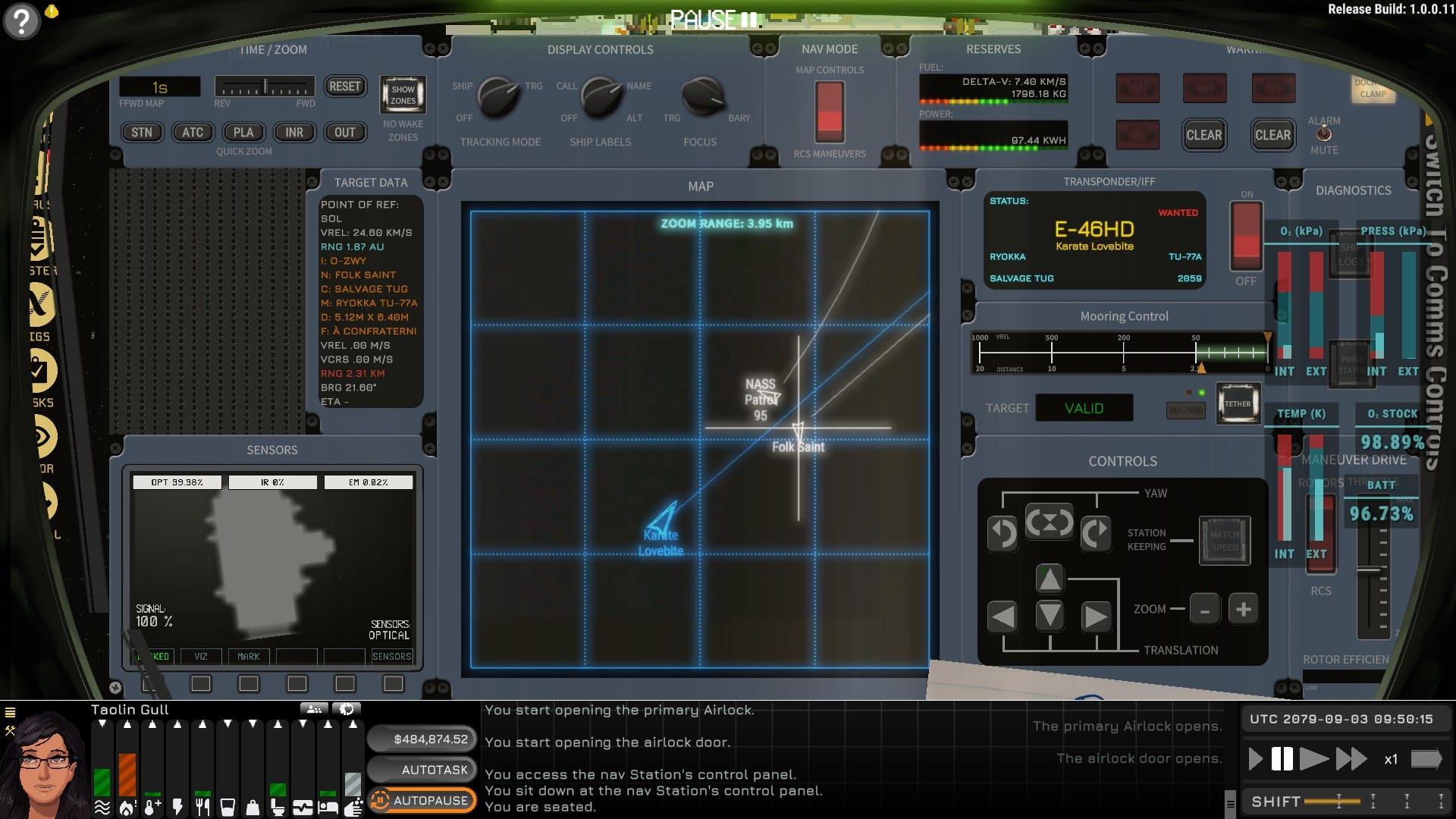 Ship control panel, with many modules, some with chunky switches, one showing a wireframe map as my ship narrowly zooms between two other ships