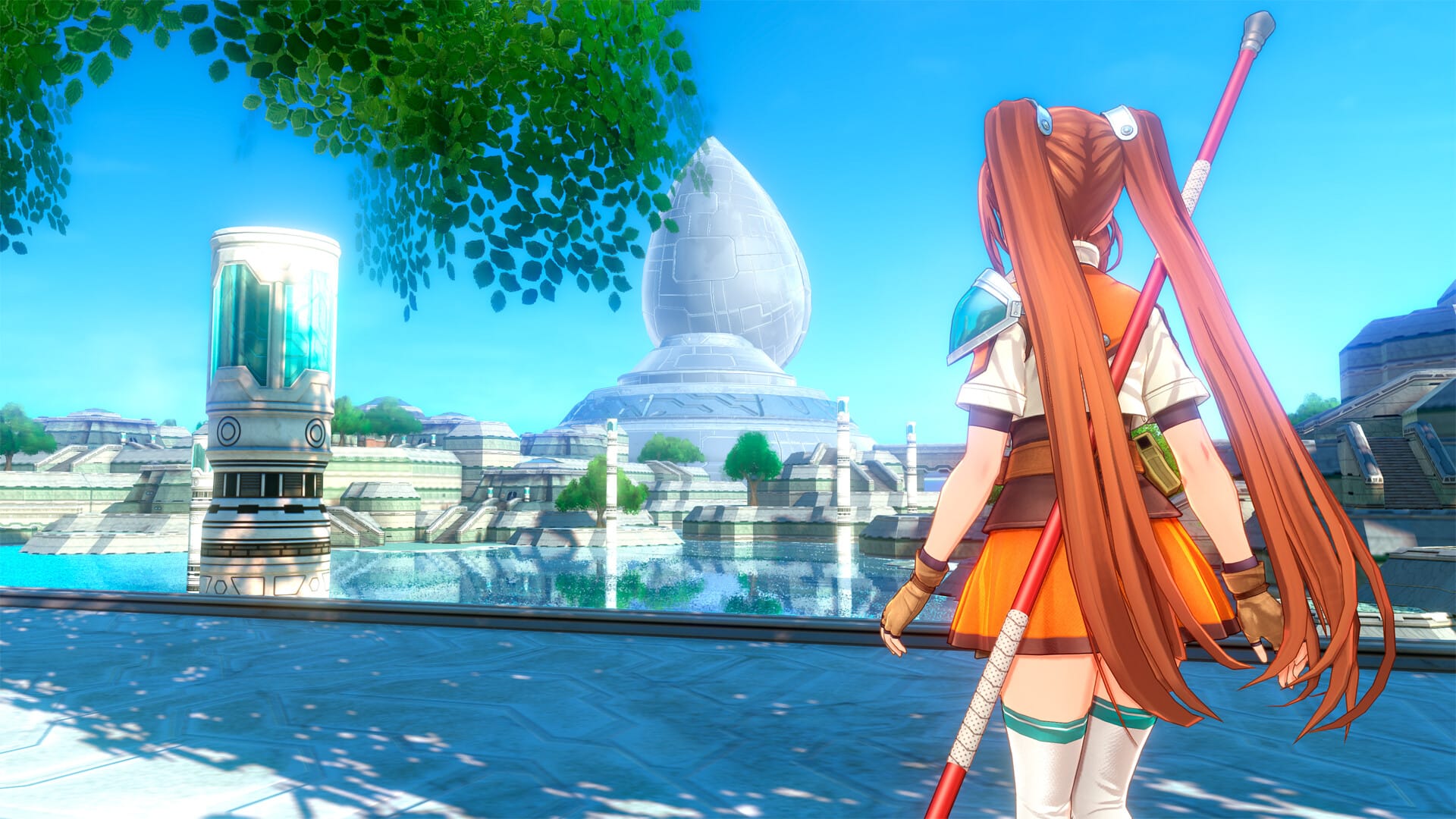 An anime lady with a staff looks at a gleaming city across some water.