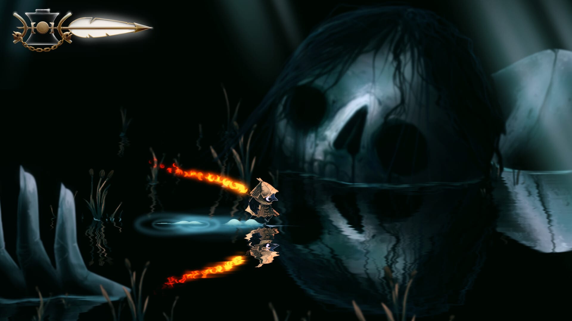 The player, who carries a torch, walking across a watery surface, in which a skeletal giant is dead and sunk, one hand's fingers poking from the water.
