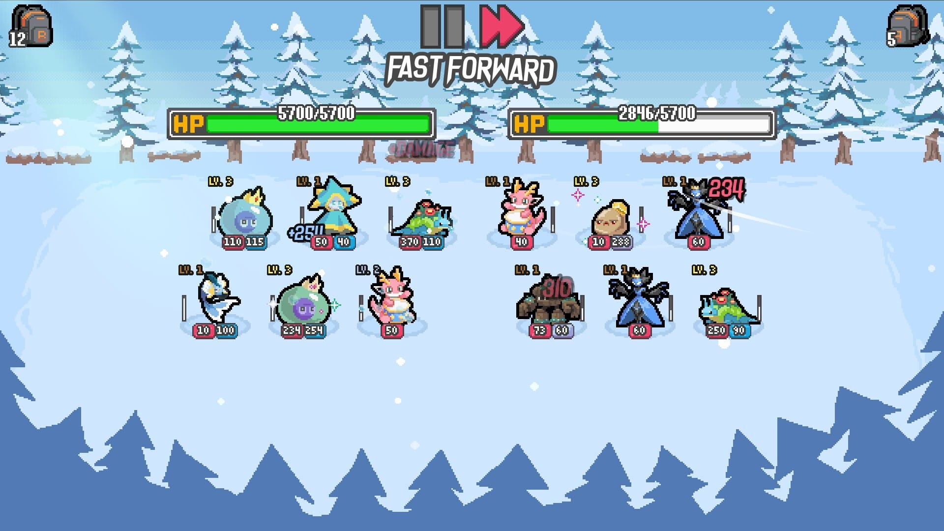 Two squads of six Batomon face off in a snowy environment.