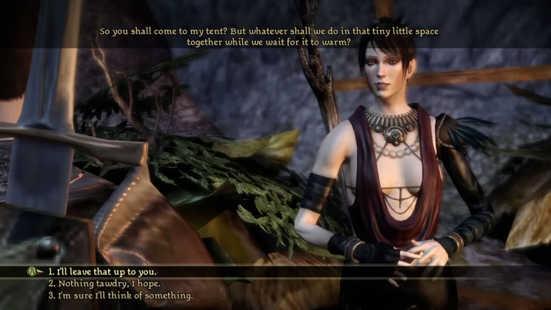Morrigan the witch flirts with the player and invites them into her tent at camp.