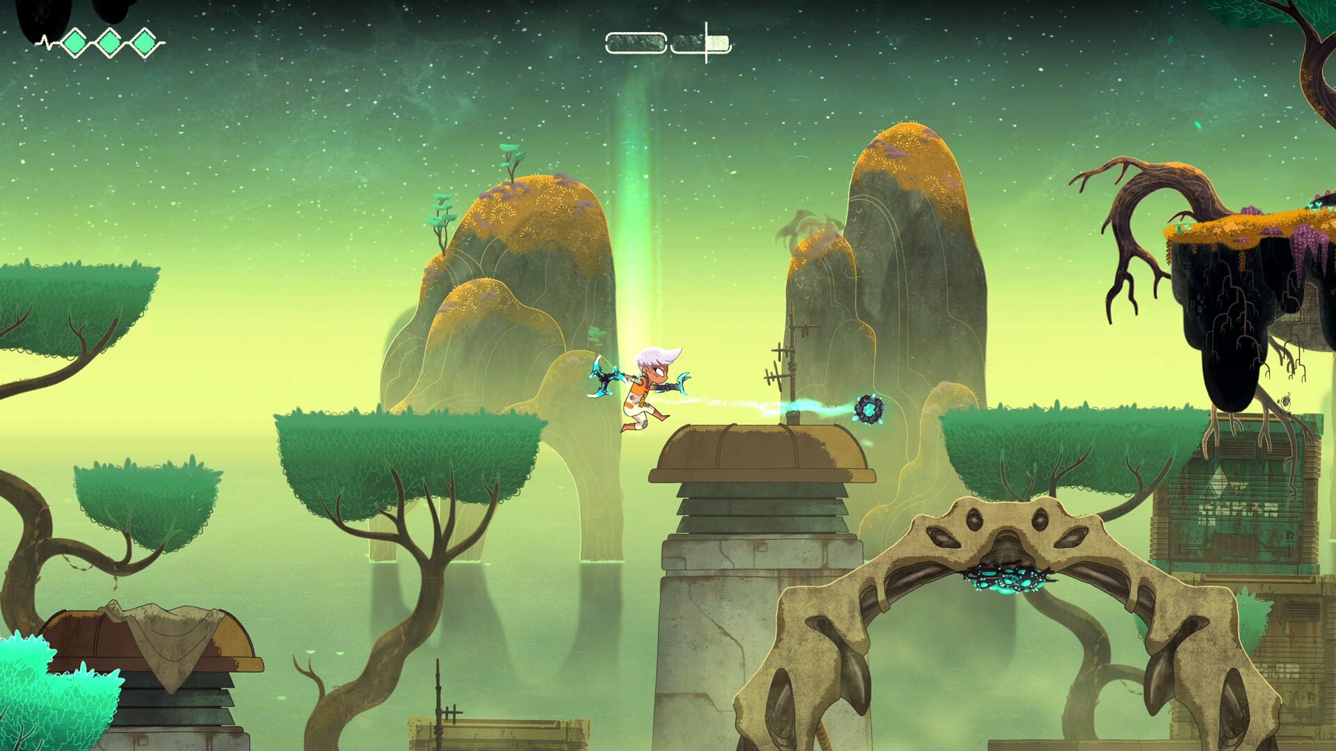 The player character jumps in the air while holding a glaive. There is a starry sky, tree tops and distant islands in the background.