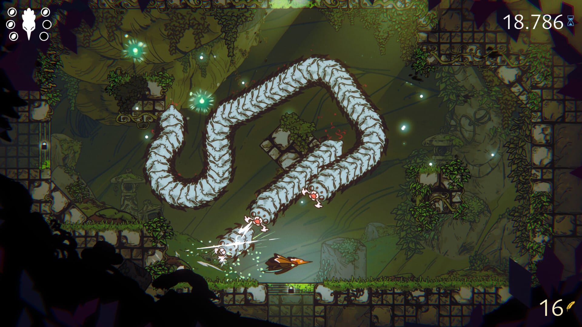 A fox darts through the air, cutting through one of a number of grey centipede-like enemies.