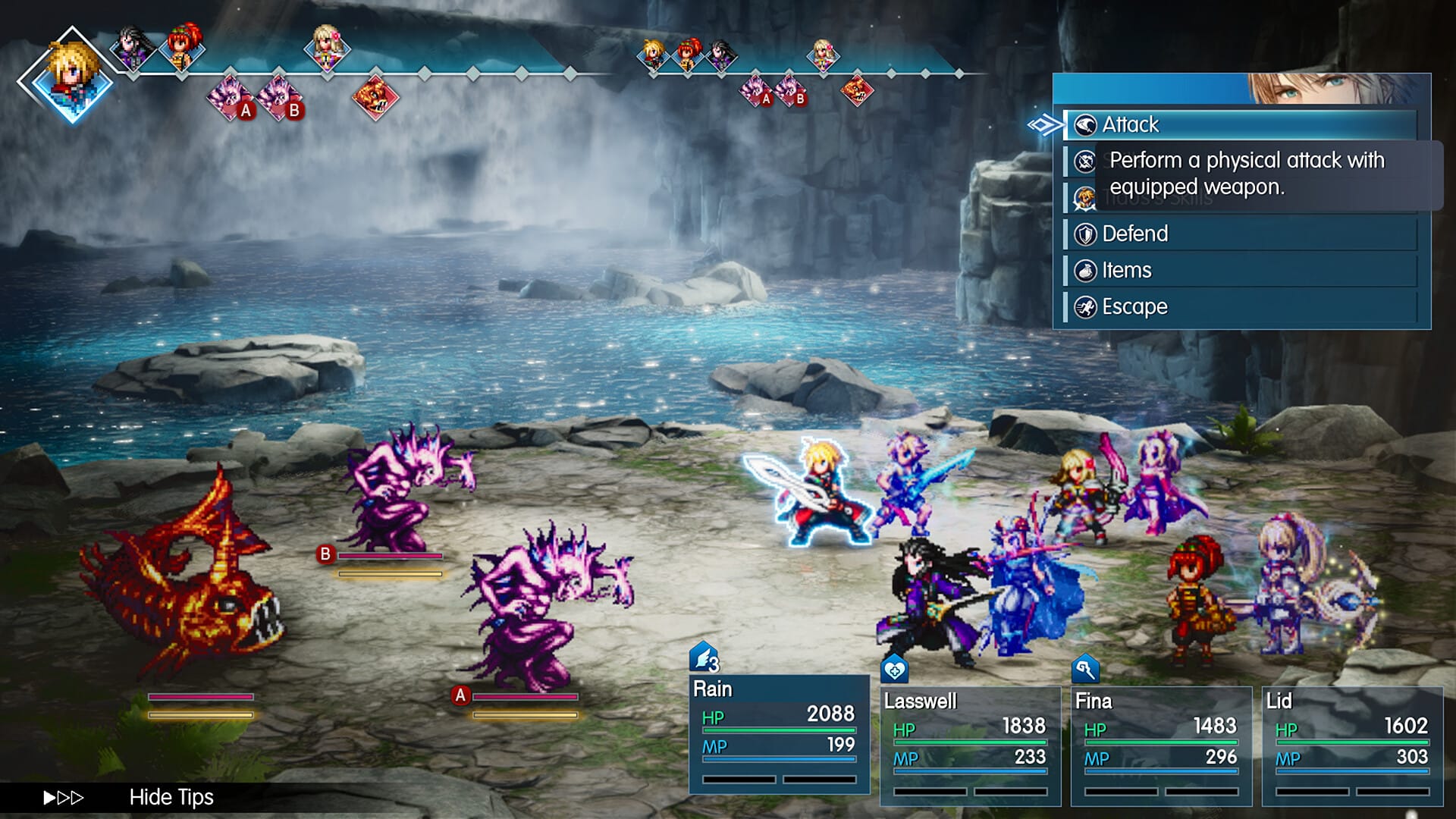 A battle screen showing a spread of pixel art humans facing off against some fishy ghouls.