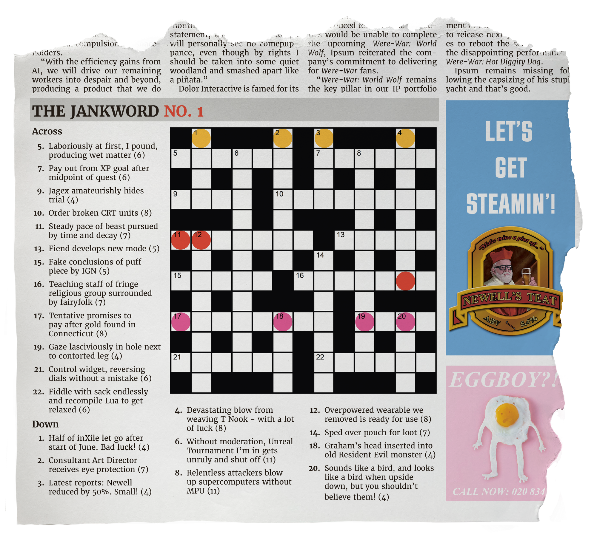 A crossword, made to look like it was torn from a newspaper.