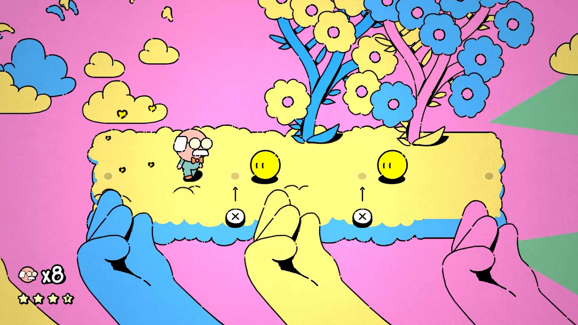 Giant hands click their fingers and a small old man walks on a cloud in technicolour.