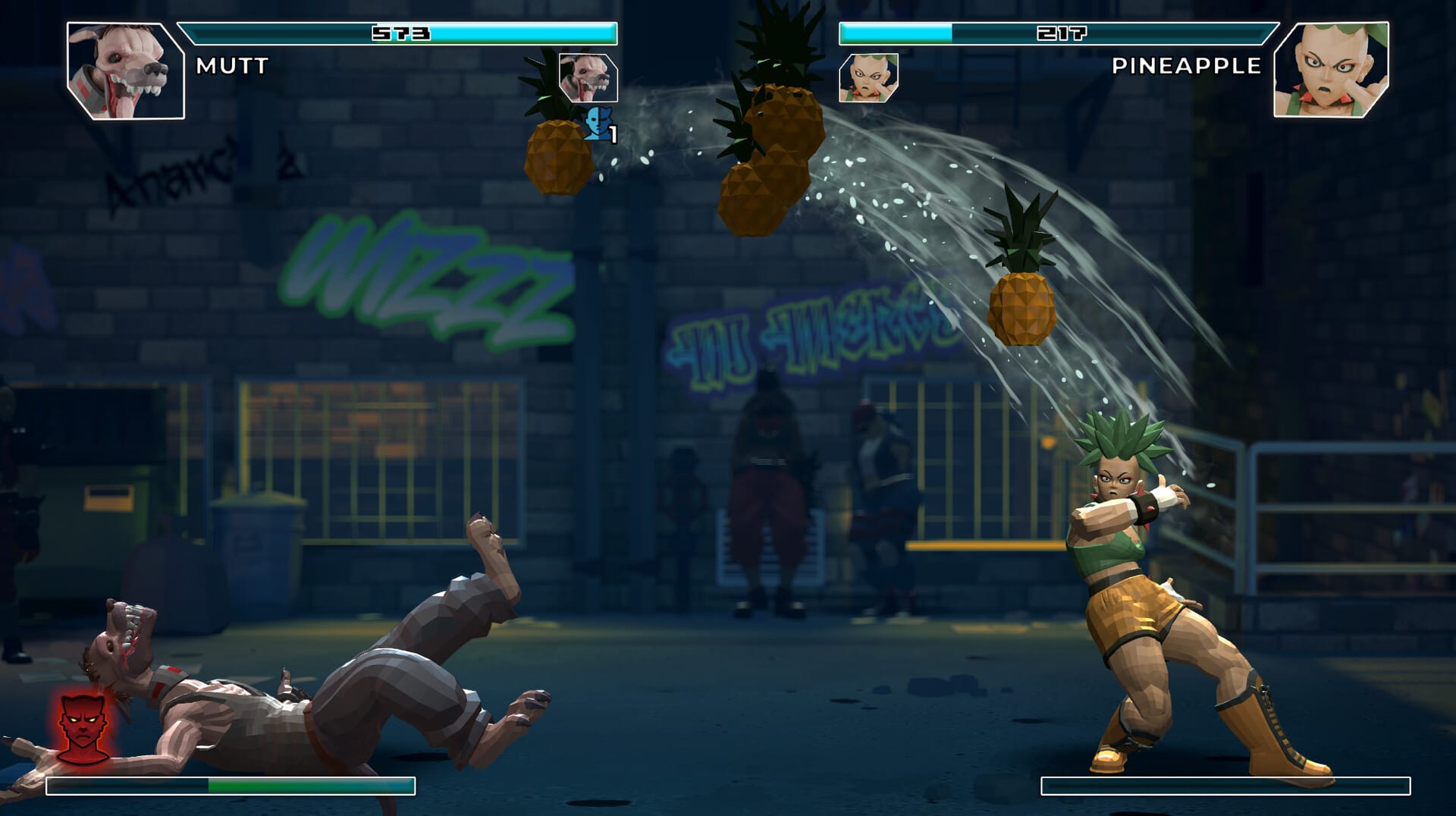 A person called Pineapple throws pineapples at a dogman called Mutt, lying on the ground.