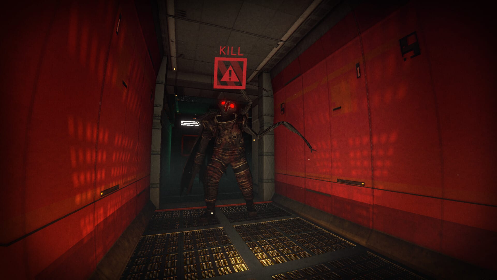 A red corridor with a grate floor lit from below, in which stands another insectoid monster.