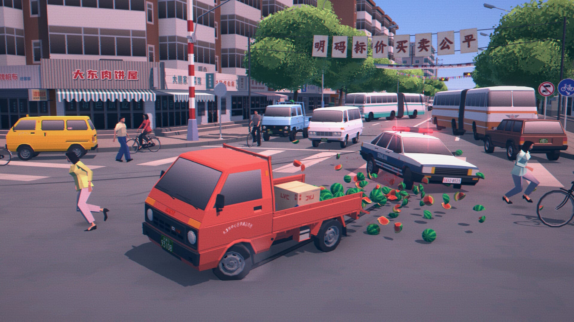 A small, red, flatbed truck takes a corner and spills watermelons all over the road. A police car is in pursuit.