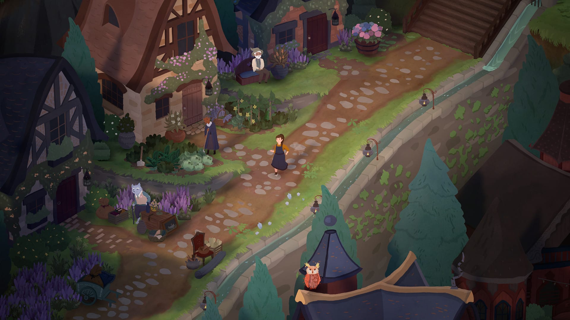 A fairytale village of cute A-frame houses, green gardens, a babbling brook.