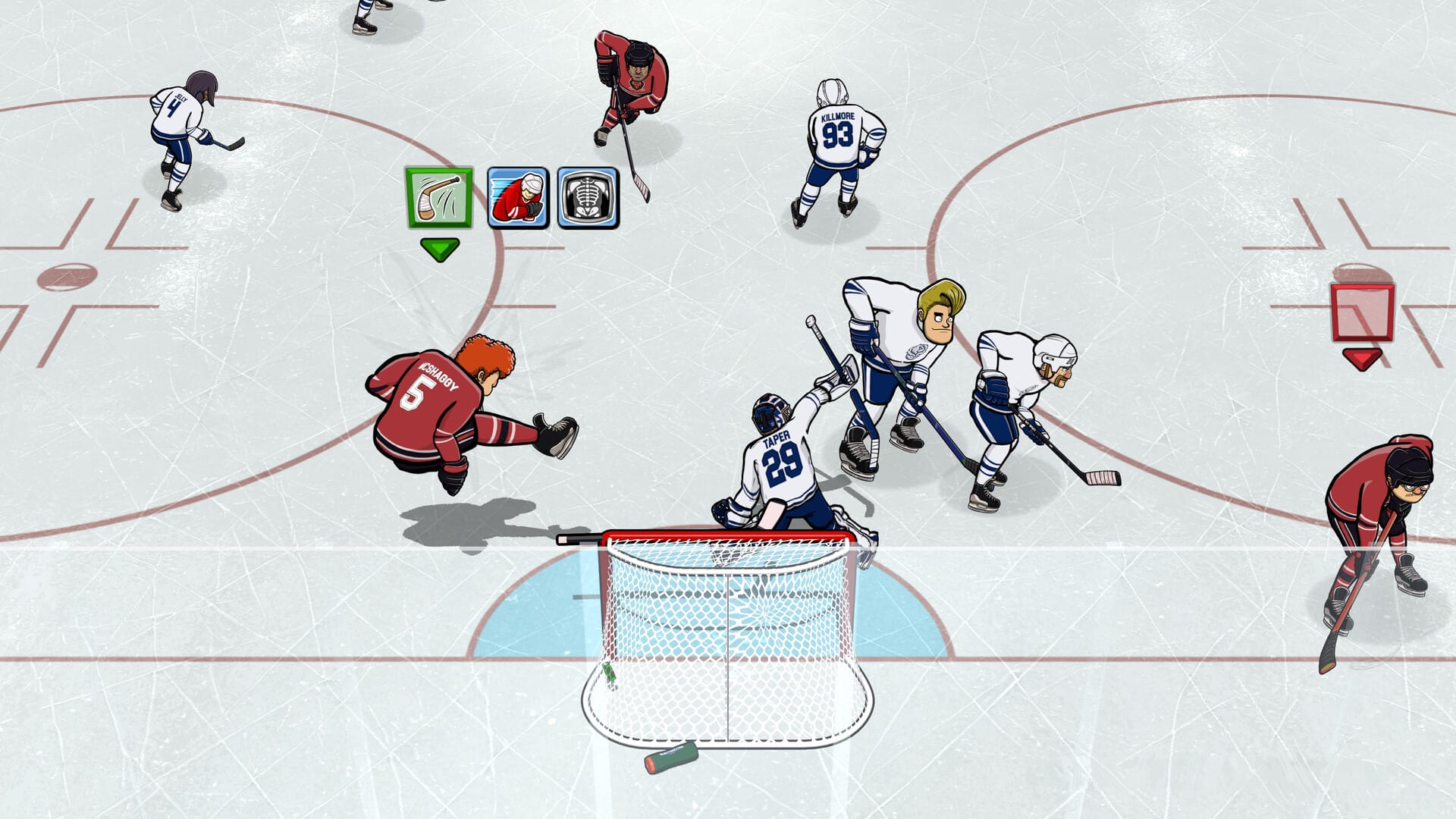 Hockey players on the ice, with a player in a red jersey about to fall on his butt.