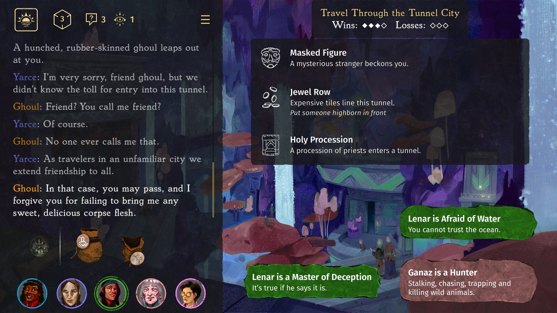 Handpainted style picture of a settlement set underground, brightly painted. A minigame plays out on the right, with tokens and gamey bits. Text describes the party saying "I'm sorry, friend ghoul, but we don't know the entry toll." The ghoul: "You call me friend? No one ever calls me that." Party: "As travelers in an unfamiliar city we extend friendship to all." Ghoul: "In that case, you may pass, and I forgive you for failing to bring me any sweet, delicious corpse flesh."