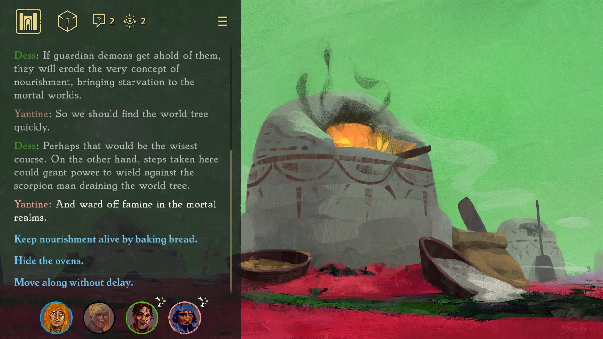 Picture of a large clay coal/wood oven, with red soil and light green sky, bowls and bags of flour resting on it. Text: "If guardian demons get ahole of them, they will erode the very concept of nourishment, bringing starvation to the mortal worlds". The party discuss options, and we must choose: keep nourishment alive by baking bread, hide the ovens, or move along without delay.