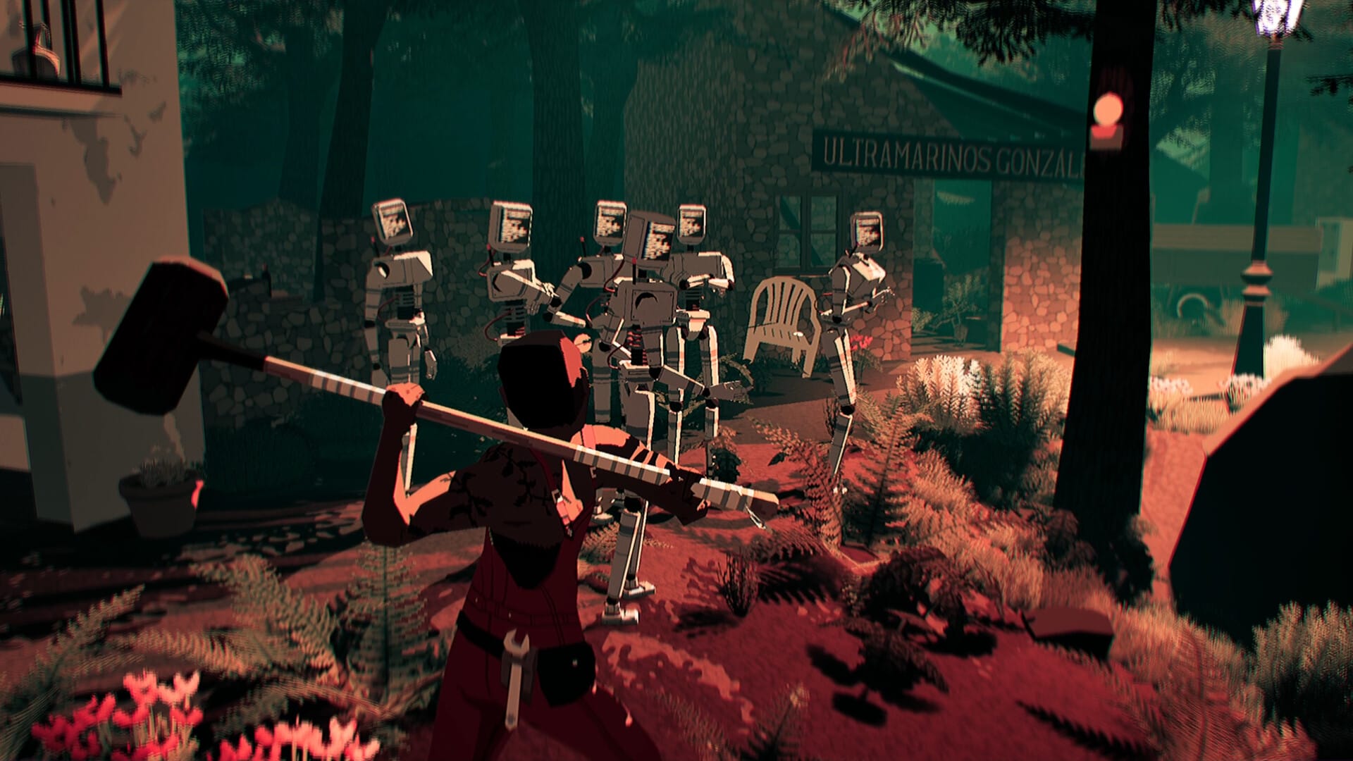 Robots, your digitised neighbours, about to be slammed by a raised sledgehammer.