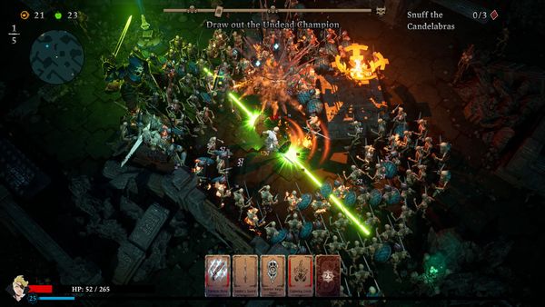 Hundreds of skeletons surround the player, who is firing lasers. Cards sit at the bottom of the screen.
