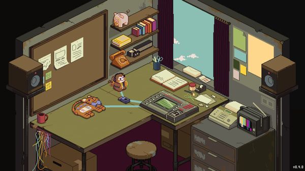 A desk in a small room, with a pinboard on the wall, drawn in isometric pixel art.