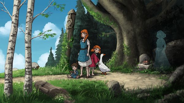 Three characters, each embroidered, in a painted 2D landscape of trees and grass. A ghost stands to the right of frame.