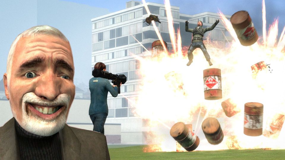 Dr Breen pulls a dorky face as a Half-Life 2 citizen launches a rocket at a fellow citizen, exploding them.