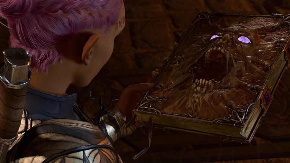 A Baldur's Gate 3 screenshot showing a character holding a large book with a screaming face embossed on it.