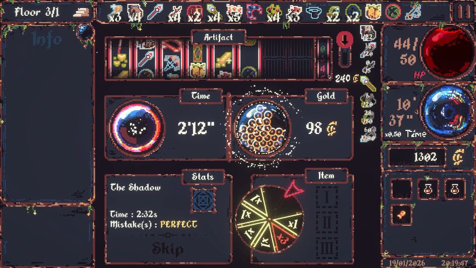 A big screen of stats and magic items and gambling systems in CiniCross.
