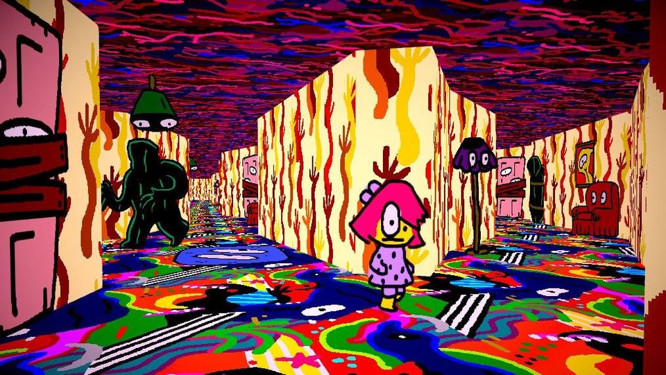 BB navigates a hallway with a psychedelic carpet and furniture with eyes.