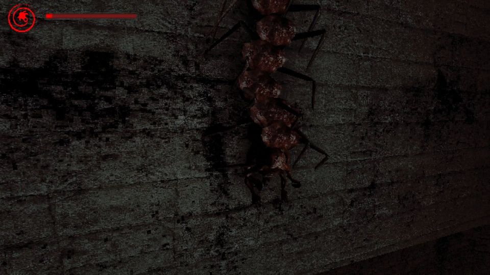 An enormous centipede-like creature crawls down a stone wall some distance from the player.