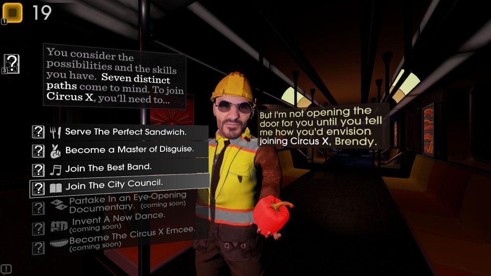 A man in a hi-vis jacket offers a pepper to the player on a train.