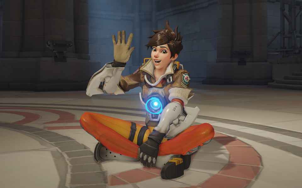 Tracer from Overwatch, sitting cross-legged and waving.