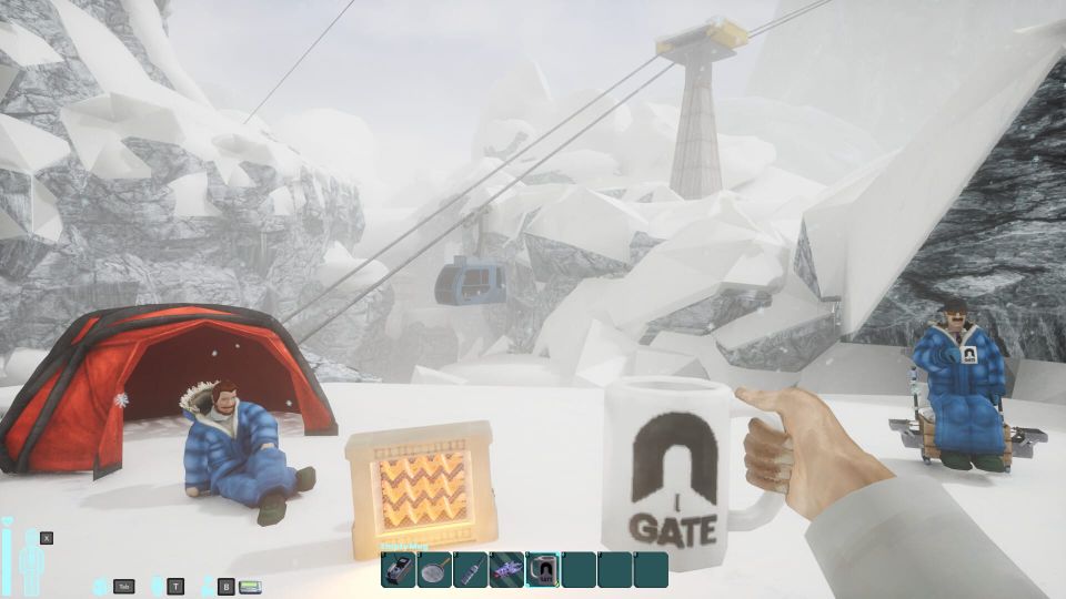 Three scientists with parkas and holding coffee cups sit around a tent, in a snowy landscape.