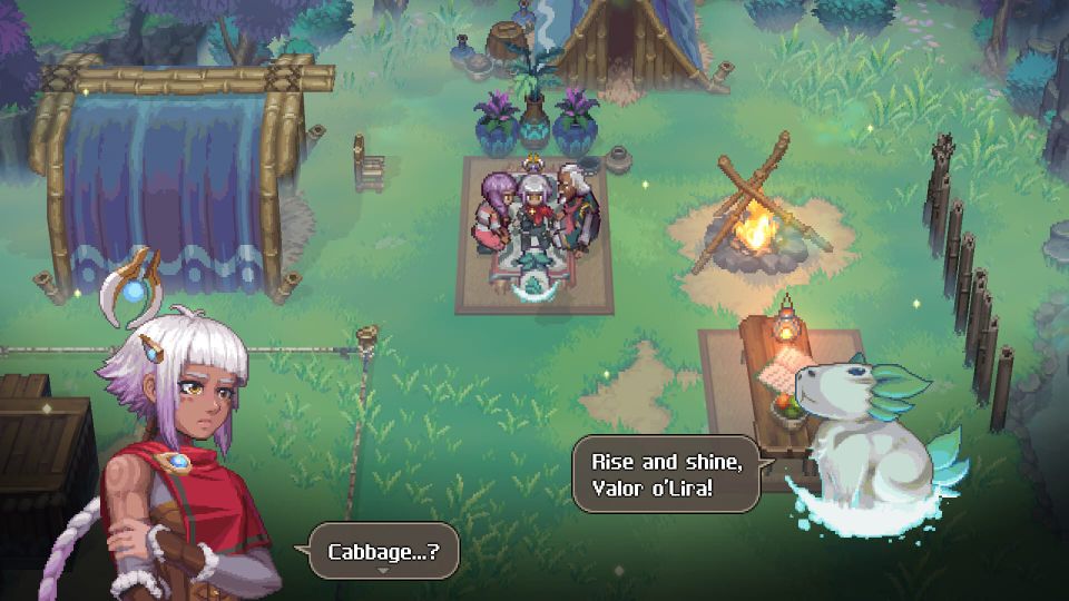 "Rise and shine, Valor o'Lira" says a spirit rabbit. "Cabbage...?" says a white-haired woman.