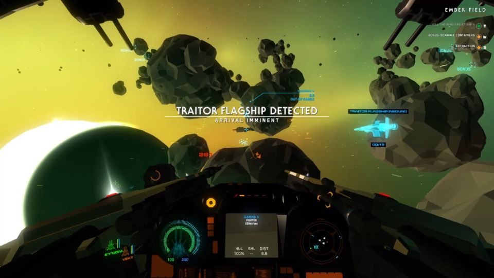 Cockpit view of a ship flying through asteroids at a huge target ship, in front of a gigantic, part-eclipsed sun. Foreground "Traitor flagship detected. Arrival imminent"