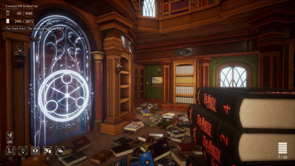 The player holds a pile of books on a dark curse in front of a magical barrier, as books lay strewn around them ont he floor.