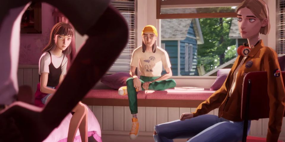 A Mixtape screenshot showing three teens in a bedroom, being confronted by somebody in the foreground.