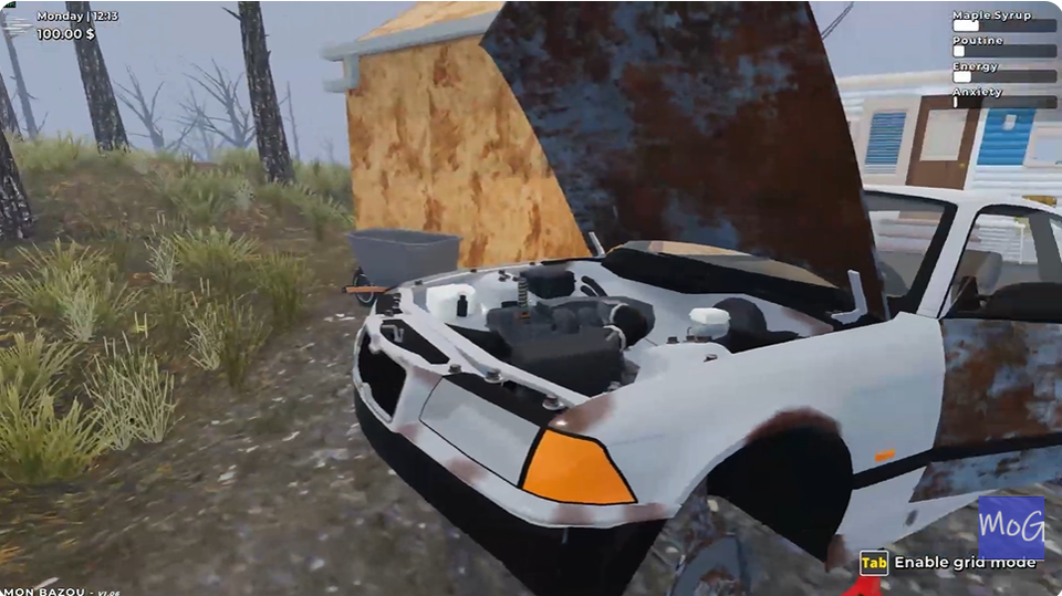A screenshot showing an old BMW on jackstands with a wheel missing and the bonnet open.