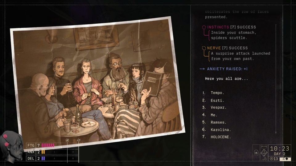 A photo of a group of people in a bar, smoking and drinking. One shields their face with a book. 