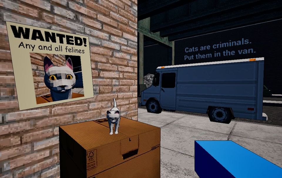 A cat sits on a box in the street underneath a wanted sign.