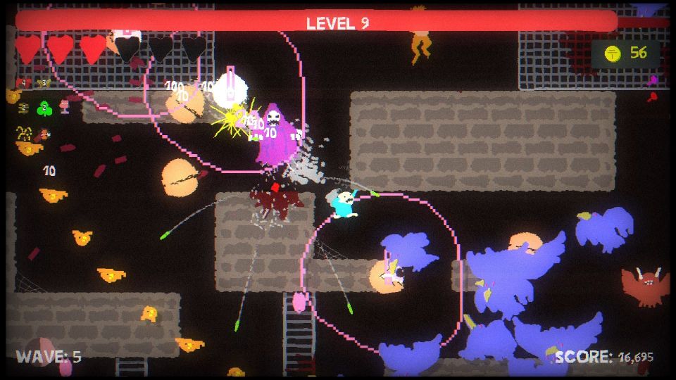 A little pixel guy in the middle of the screen looks distressed, surrounded by skeletons and crows and other enemies.