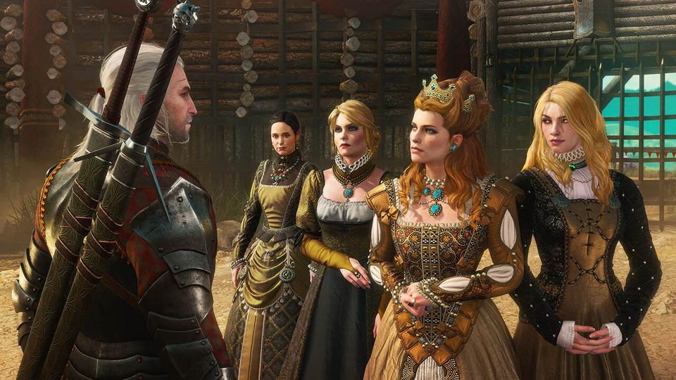 Geralt stands in front of four women in fancy clothes.