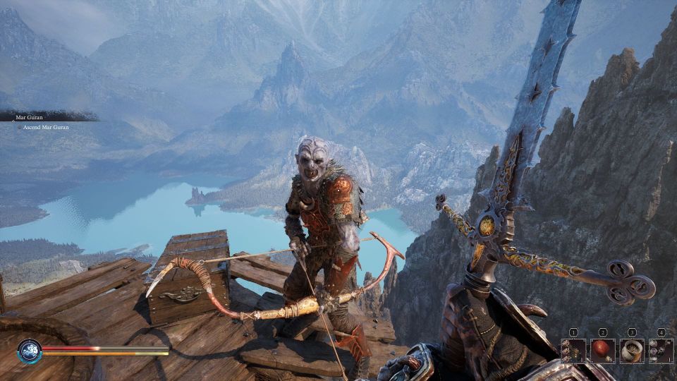 An orc with a bow and arrow stands on the ledge of a rickety platform overlooking a cliff. The player holds a sword in front of the orc. 