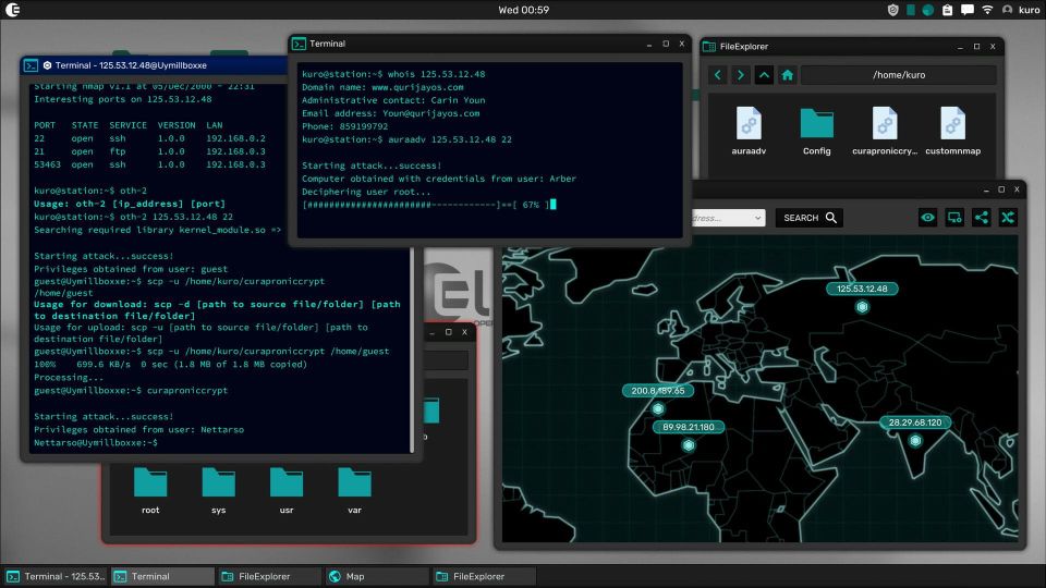 A desktop with two terminal command prompt windows open and a map of the world displayed.