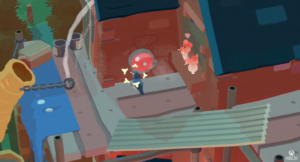 A screenshot showing the magpie hitting a schoolyard bell, causing it to emit soundwaves.