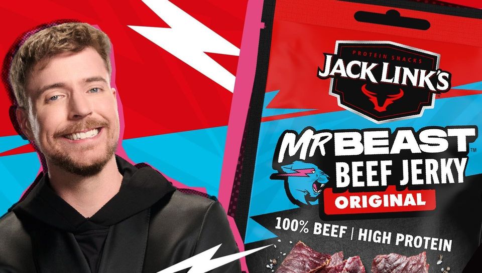 A promotional image showing MrBeast and a packet of MrBeast Beef Jerky