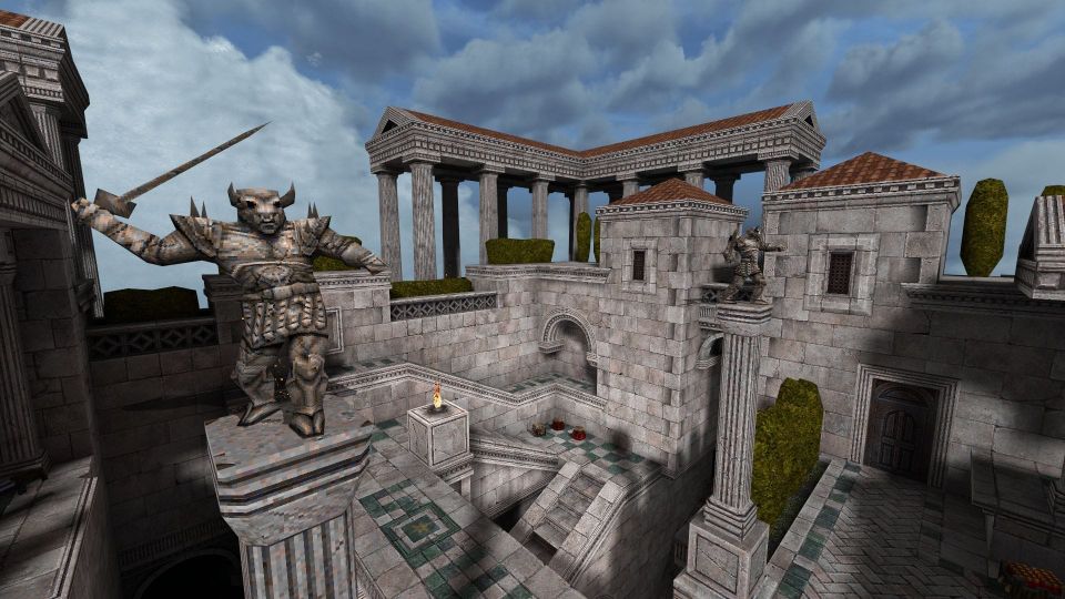 A neoclassical courtyard with tiled roofs and statues of monsters.
