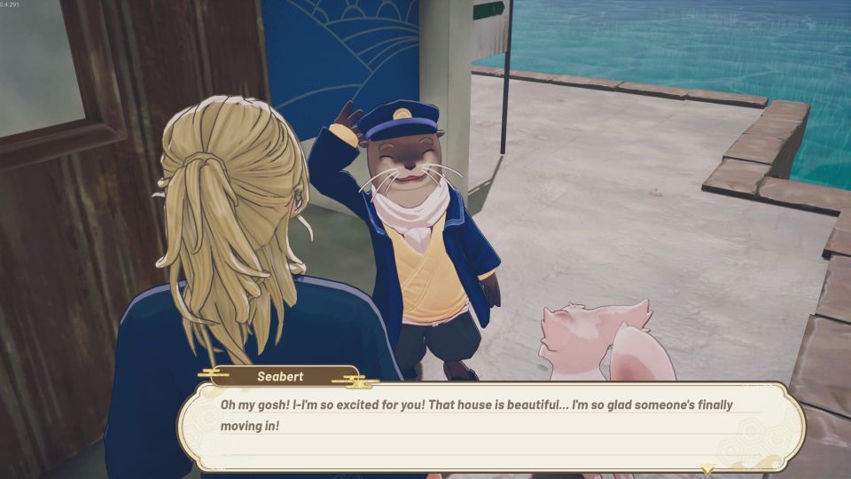 An otter named Seabert is dressed like an old sea captain. "Oh my gosh! I-I'm so excited for you!" he says. "That house is so beautiful... I'm so glad someone's finally moving in!"